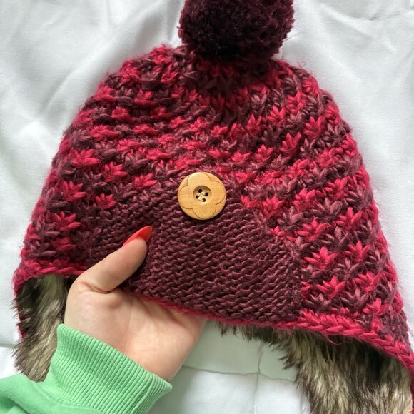 Pistil Aster Basket Weave Knit Earflap Pompom Red Festival Winter Fall Cap Hat - Picture 3 of 7